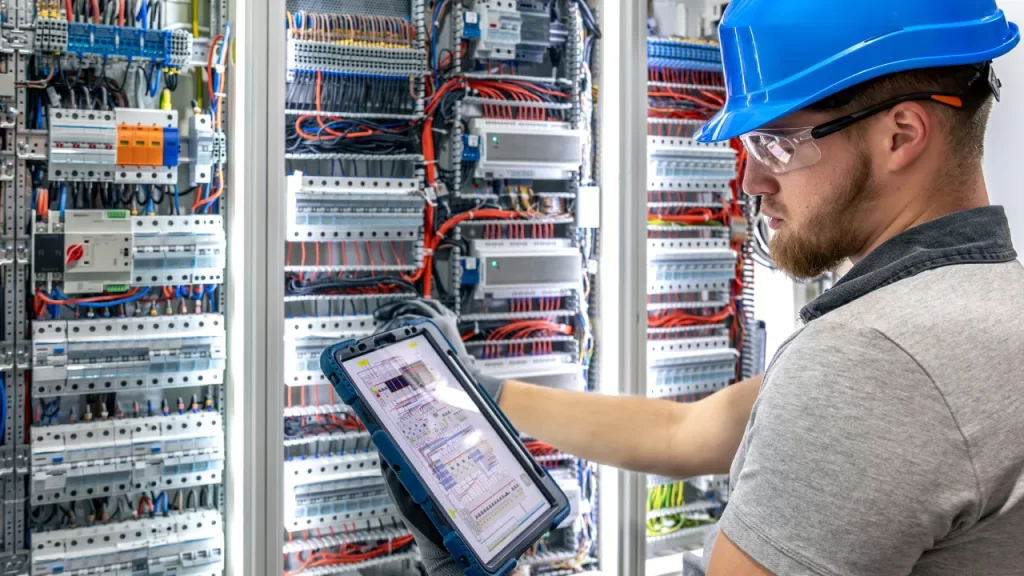 Técnico analisando painel elétrico com tablet em mãos, verificando o funcionamento de quadros de distribuição e conexões de cabos.