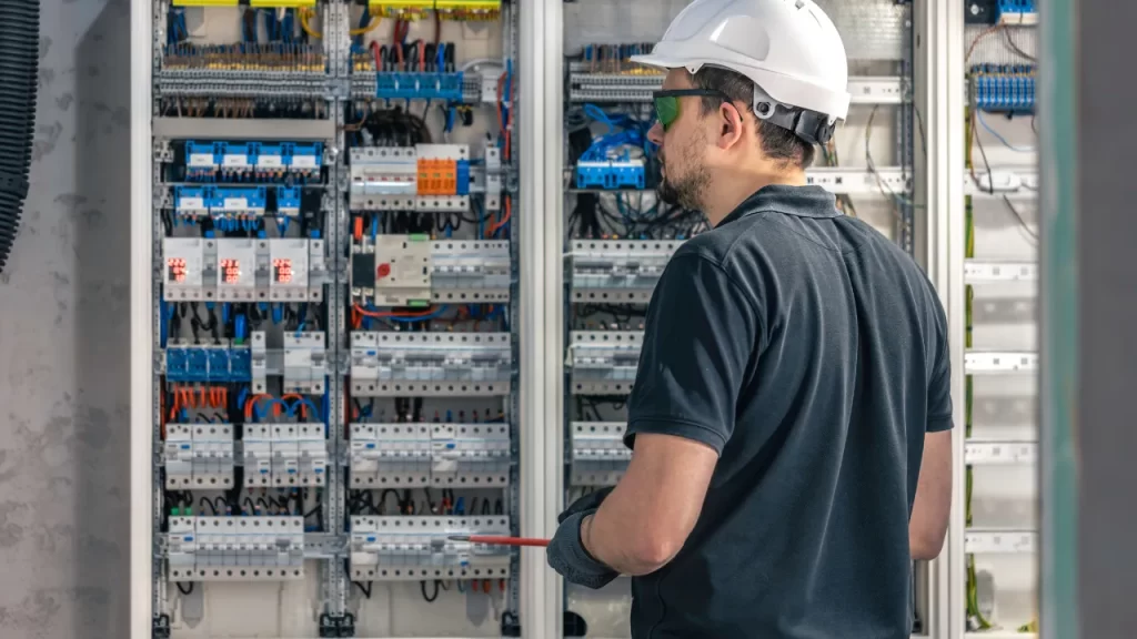 Técnico com capacete de segurança inspecionando painel elétrico repleto de cabos e dispositivos de proteção em um quadro de distribuição.